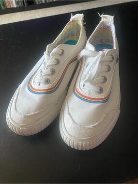 White Women's Canvas Sneakers with Rainbow Trim